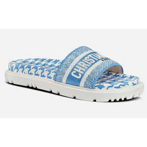 Christian Dior Dway Blue White Logo Houndstooth Slide Mule Flat Flop Sandal 38